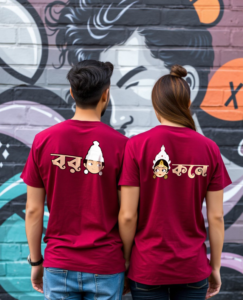 Couple maroon custom typography graphic print t-shirt pure cotton bio wash oversized