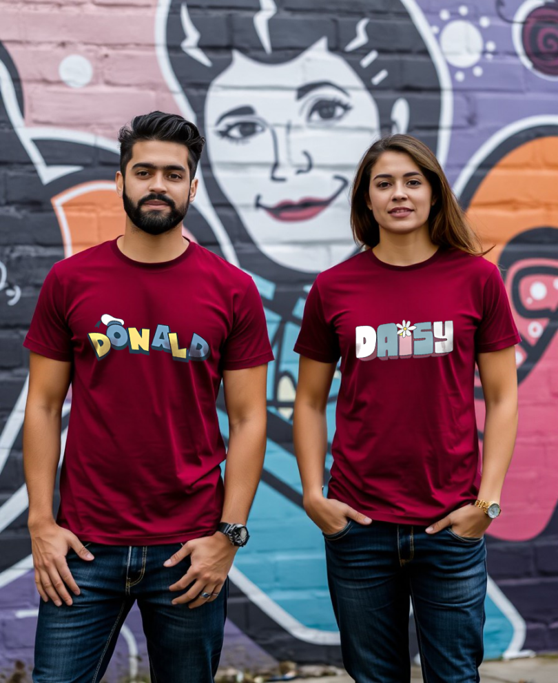 Couple maroon custom typography graphic print t-shirt pure cotton bio wash oversized