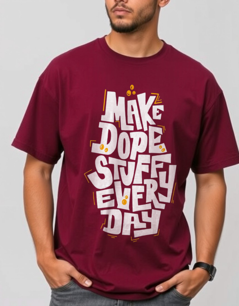 Men maroon custom typography graphic print t-shirt pure cotton bio wash oversized