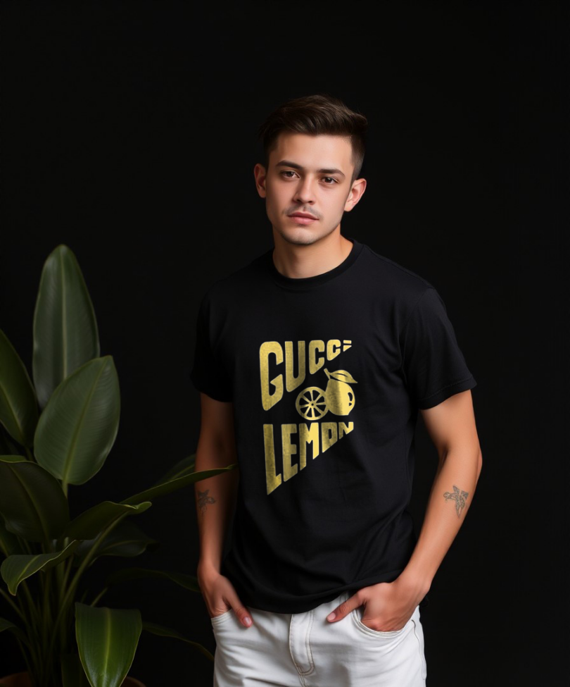 Men black custom typography graphic print t-shirt pure cotton bio wash regular Gucci & Lemon