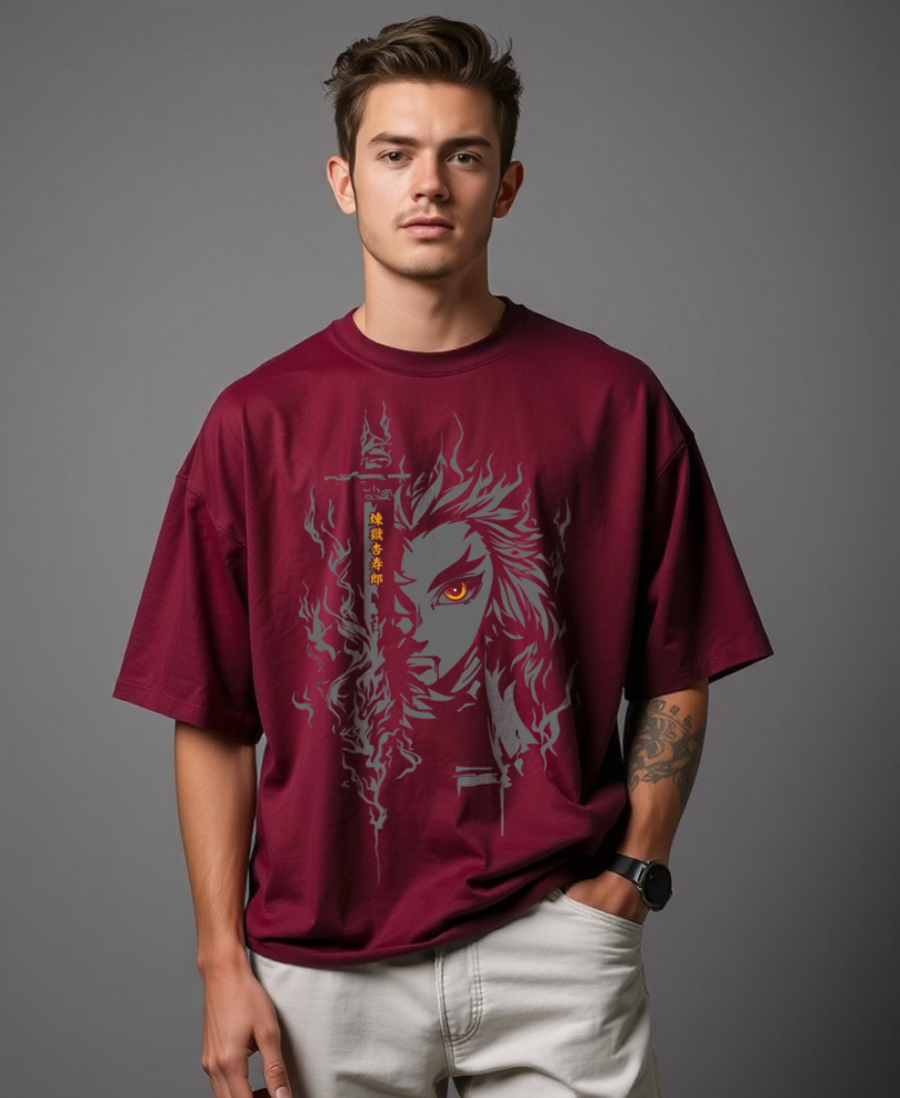 Men maroon custom typography graphic print t-shirt pure cotton bio wash oversized