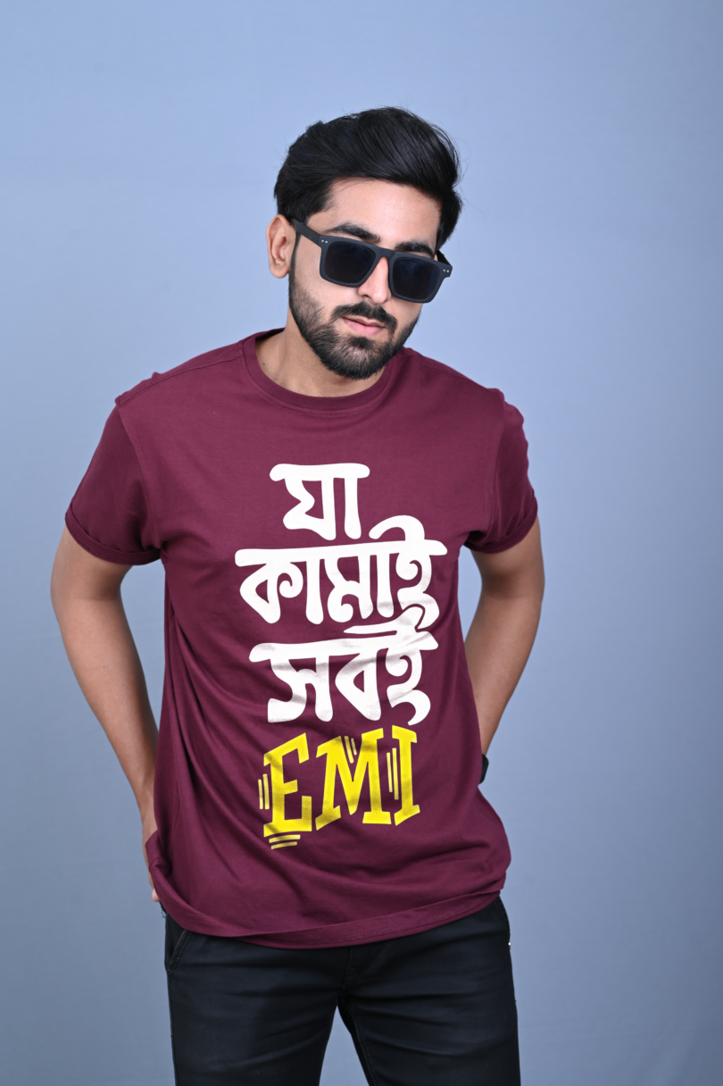 Bio wash pure cotton oversized unisex t-shirt maroon bengali