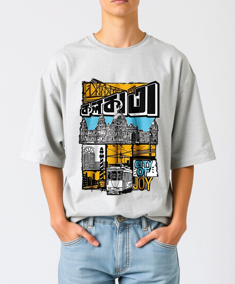 Bio wash pure cotton oversized unisex t-shirt gray Kolkata Graphic Unisex Bengali T-shirt