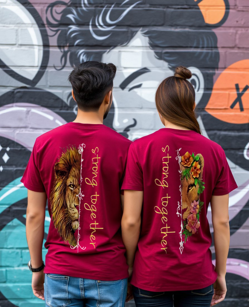 Couple maroon custom typography graphic print t-shirt pure cotton bio wash oversized