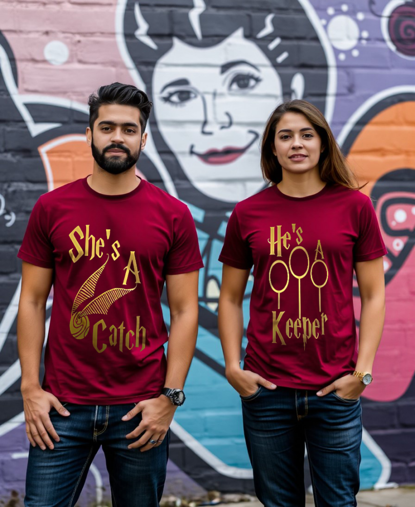 Couple maroon custom typography graphic print t-shirt pure cotton bio wash oversized