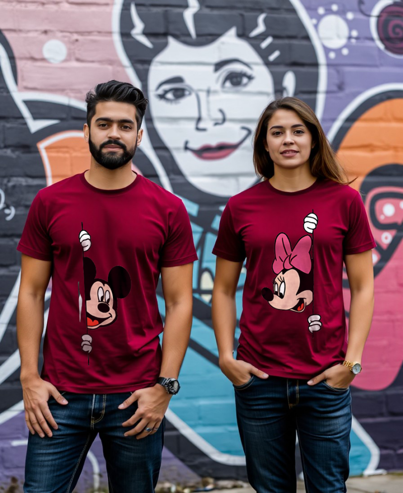 Couple maroon custom typography graphic print t-shirt pure cotton bio wash oversized