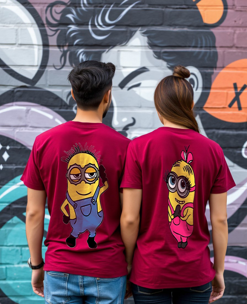 Couple maroon custom typography graphic print t-shirt pure cotton bio wash oversized