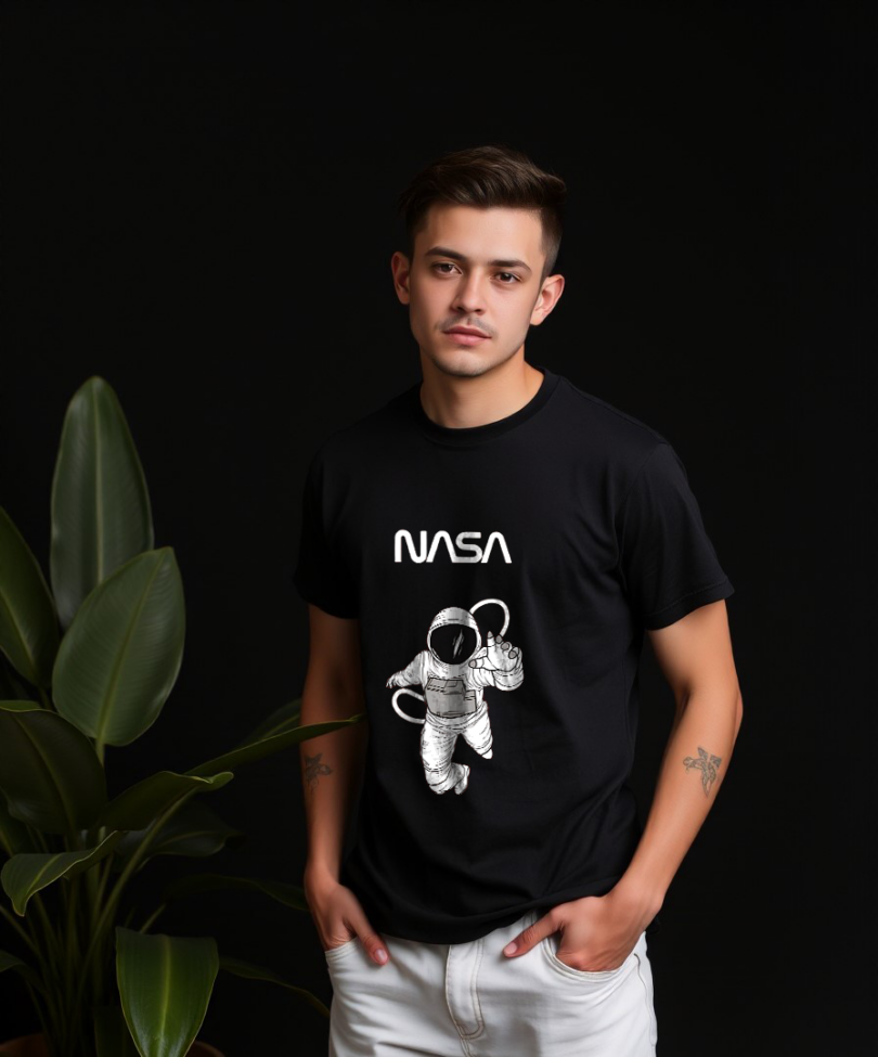 Men black custom typography graphic print t-shirt pure cotton bio wash regular NASA - Astronaut in Space Men Celeb T-shirt