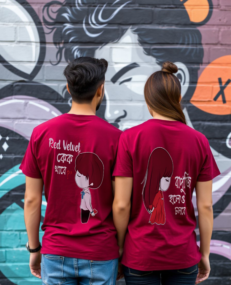 Couple maroon custom typography graphic print t-shirt pure cotton bio wash oversized