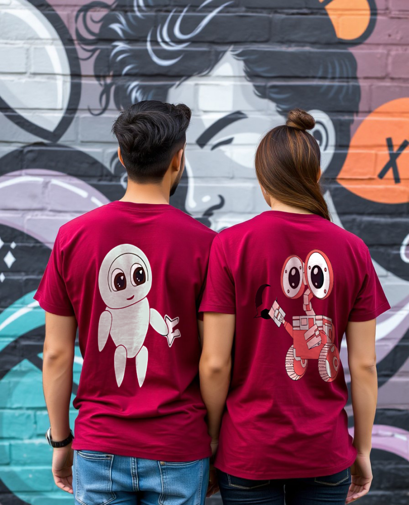 Couple maroon custom typography graphic print t-shirt pure cotton bio wash oversized