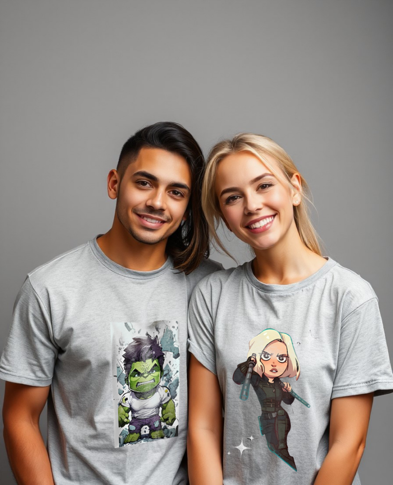 Couple gray custom typography graphic print t-shirt pure cotton bio wash oversized Super hero's Couple Anime T-shirt