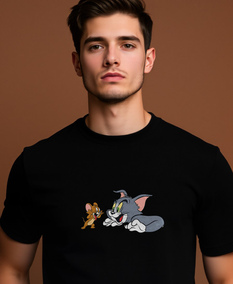 Men black custom typography graphic print t-shirt pure cotton bio wash regular TOM & JERRY